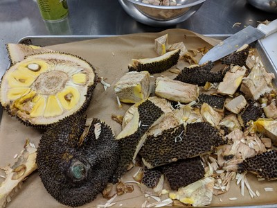 Jackfruit cut up.
