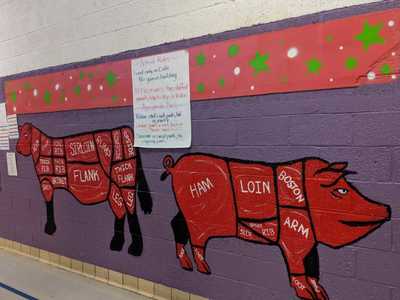 Wall murals of a cow and pig with the cuts of meat shown in each area of the animal.  