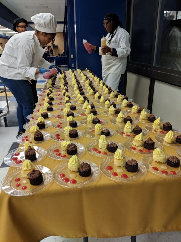 Long picture of dessert table with many desserts on it
